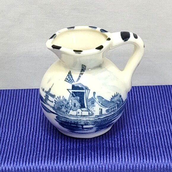 Delft Windmill Floral Porcelain Miniature Pitcher Creamer Made Japan 1960s VTG - Picture 1 of 8